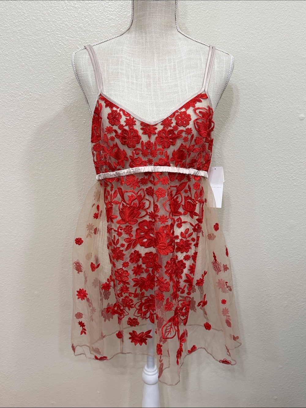 Anthropologie Rya Collection Red Embroidered Mini Slip Dress Sheer Nightie Large